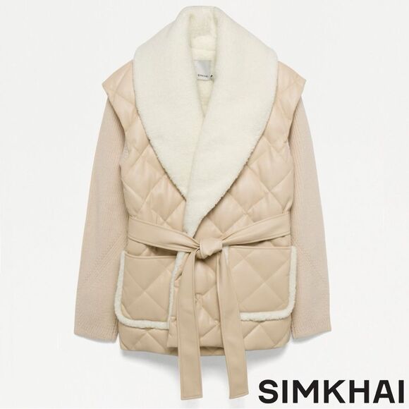 SIMKHAI **NWT** Astra Tie Waist Puffer Jacket Beige/Blush - Picture 3 of 14